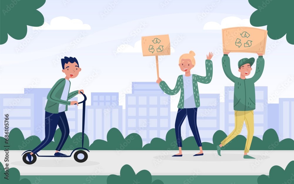 Eco and Nature with Happy Man and Woman Character with Recycle Banner Vector Illustration Eco and Nature with Happy Man and Woman Character with Recycle Banner Vector Illustration