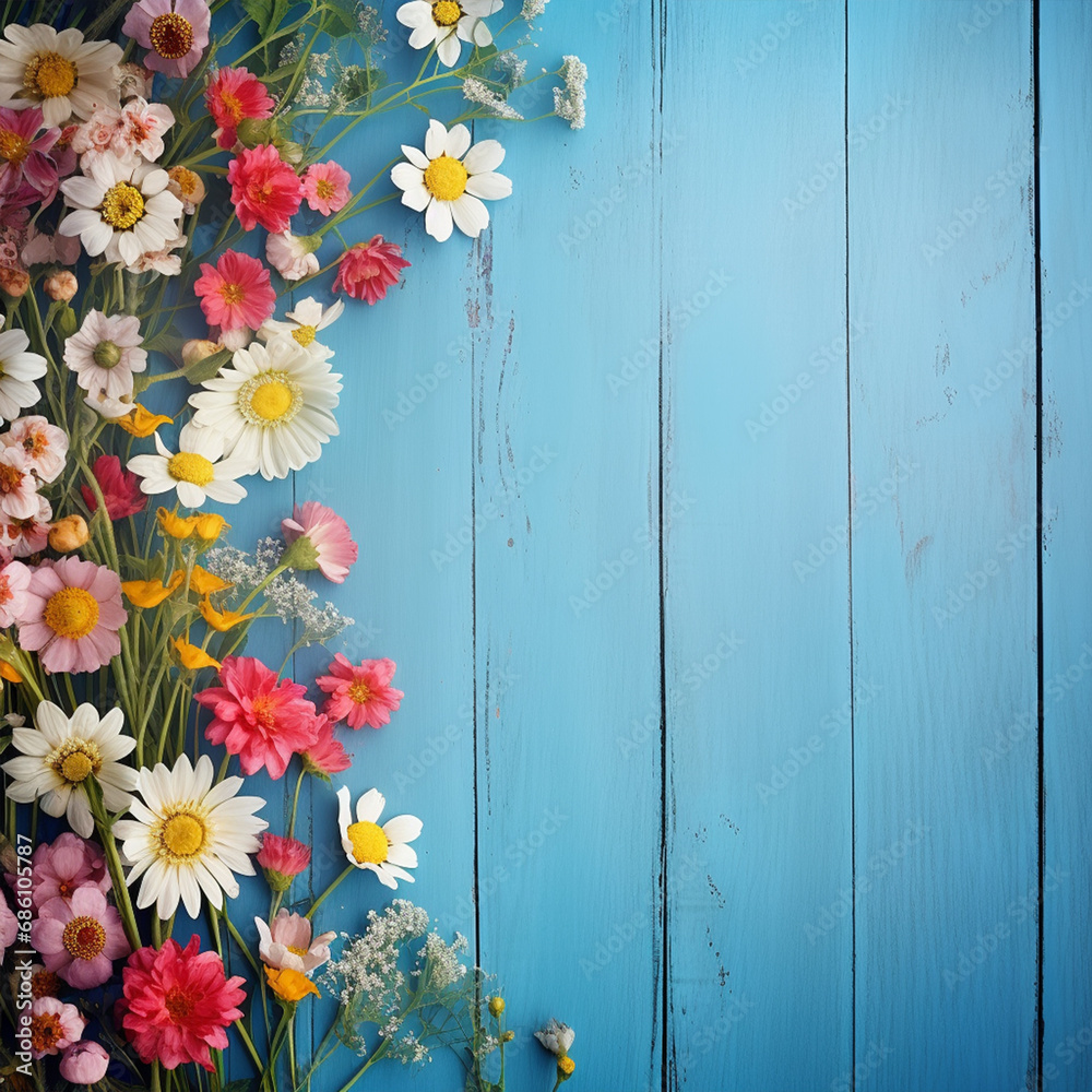 Fototapeta premium Garden flowers over blue wooden table background. Backdrop with copy space, ai technology