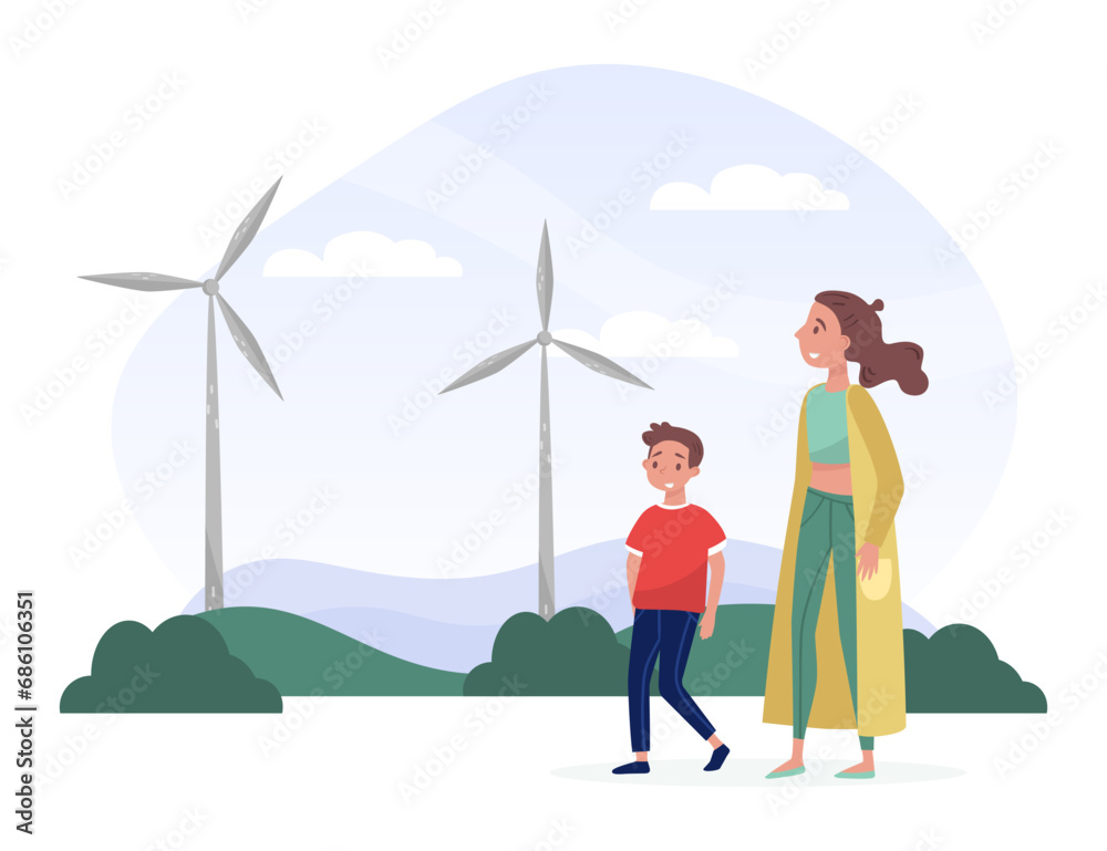 Eco and Nature with Happy Woman with Kid Character Walking Near Windmill Electricity Generator Vector Illustration