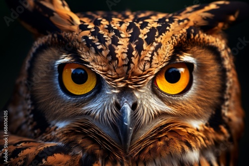 Photo of a wise looking owl with captivating eyes. Generative AI