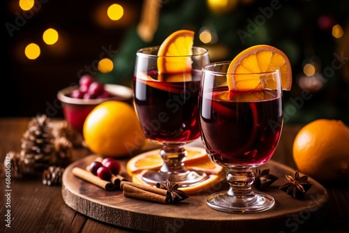 Close up of Christmas mulled red wine adorned with spices and citrus fruits