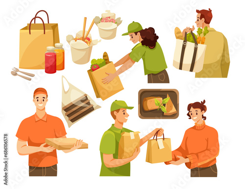 Food Delivery Service with Man Courier Bring Meal from Restaurant Vector Illustration Set