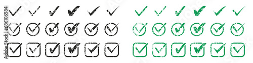 Check Mark Icon Set. Tick Black and Green Symbol Collection. Checkmark Rubber Stamp. Ok Pictogram. Right Choice Checkbox, Accept Grunge Sign. Confirm, Correct Icons. Isolated Vector Illustration