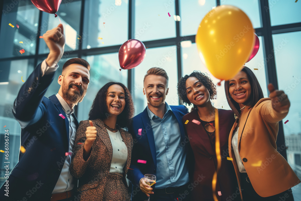 Group of diverse multiethnic business people and colleagues having fun together at celebration of a successful target at office building. Confetti and balloons enjoyment. - obrazy, fototapety, plakaty 