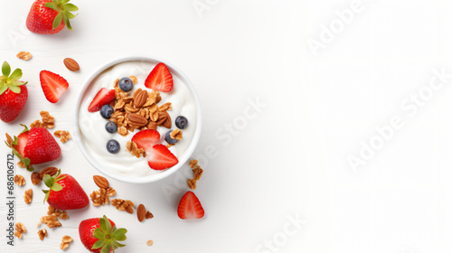 Yogurt with granola nuts and strawberries