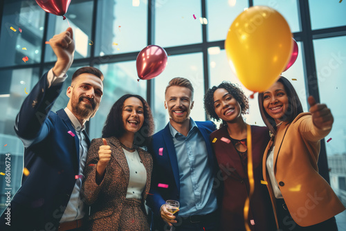 Group of diverse multiethnic business people and colleagues having fun together at celebration of a successful target at office building. Confetti and balloons enjoyment.