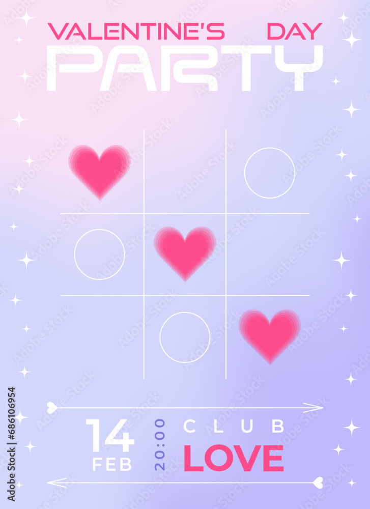 Modern y2k design Valentine's Day party invitation, banner, poster. Trendy aesthetic soft color vector illustrations with aura hearts in clouds, abstract shapes, stars, gradient and typography.