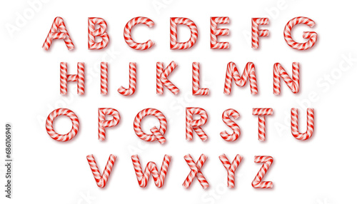 Candy cane letters set with bright red and white stripes. Sweet Christmas caramel letters set. PNG