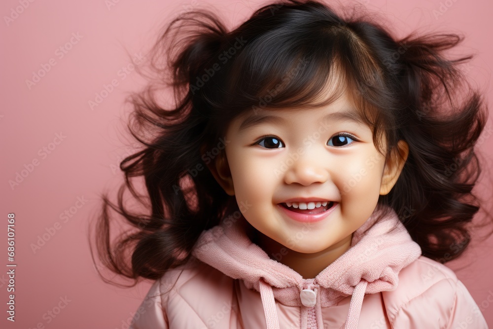 Happy little girl with long hair looking at camera against pink background Happy little girl with long hair looking at camera against pink background