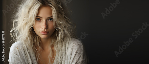 eautiful blonde young woman with blue eyes looking at camera. photo
