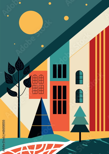 Christmas card. Editable vector illustration for postcard, A4 size, bauhaus style.