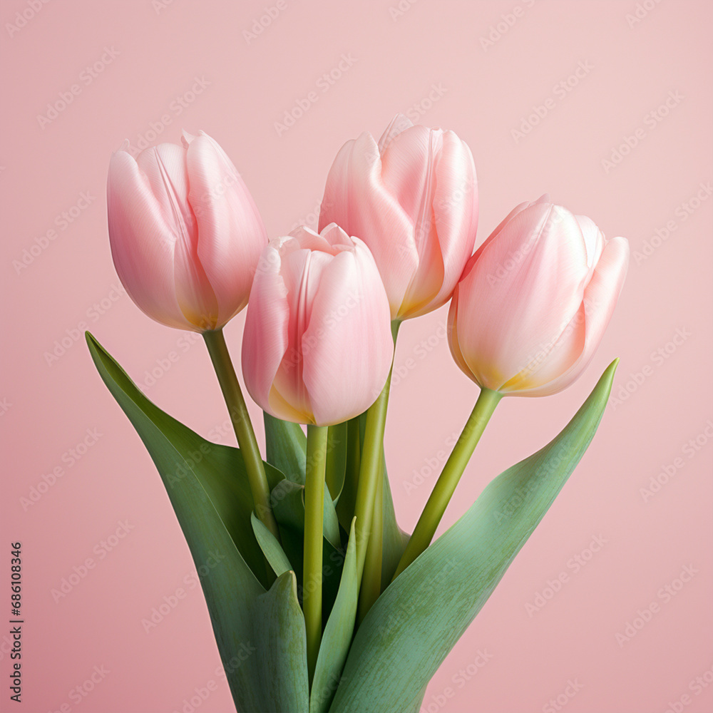 Fototapeta premium Light pink tulip bouquet on a plain background shot with soft light and a shallow depth of field, ai technology
