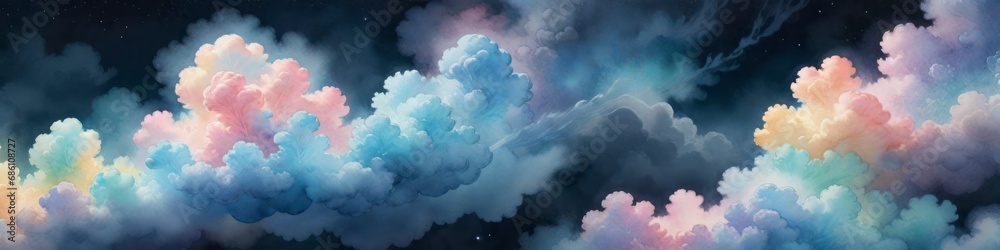 Abstract banner blue and pink clouds on dark background, background for design, place for text insertion