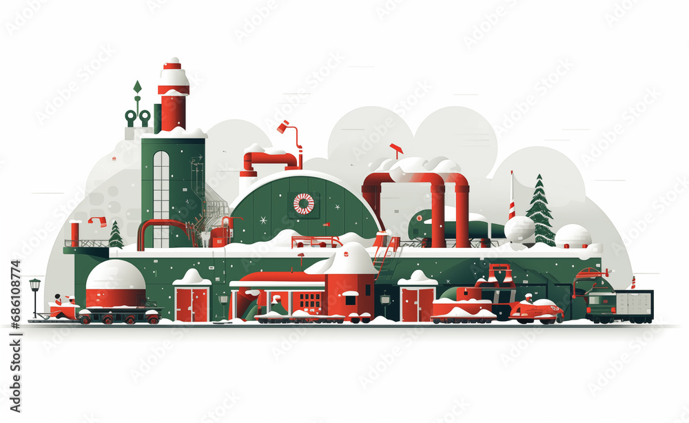 Santa's Workshop: Flat design and minimalist illustration showcasing the interior of the factory where Santa Claus makes gifts. 