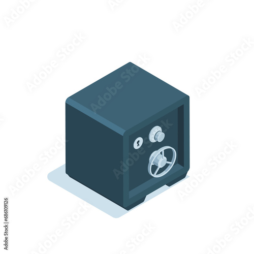 isometric safe, in color on a white background, secure storage of finances and jewelry or banking system and safety of money