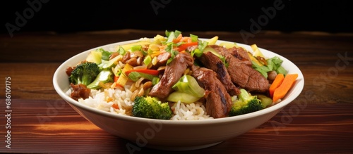 Traditional Asian dish consisting of rice, vegetables, and meat.