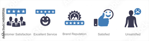 A set of 5 Customer service icons as customer satisfaction, excellent service, brand reputation