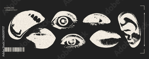 Trendy elements with a retro photocopy negative effect. y2k elements for design. Eyes, lips, mouth, ear. Grain effect and stippling. Vector dots texture.	