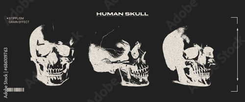Human skull with retro photocopy negative effect. Trendy retro aesthetics of the 90s-2000s. Elements for the design of posters, banners, cards. 