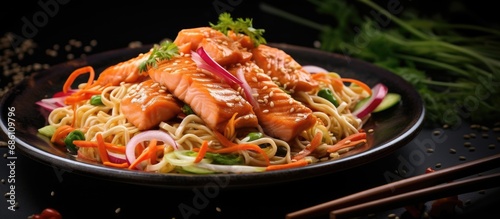 Top view of Japanese stir-fried udon noodles with salmon, veggies, and soy sauce.