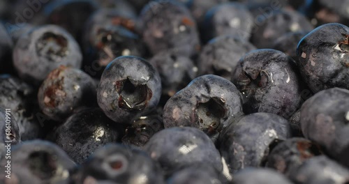 Extreme close up  of fresh ripe blueberries rotate on a brown plate on a blue background.