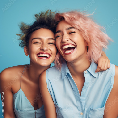 Two happy cheeky girls , best friends having fun , laughing on blue background, ai technology