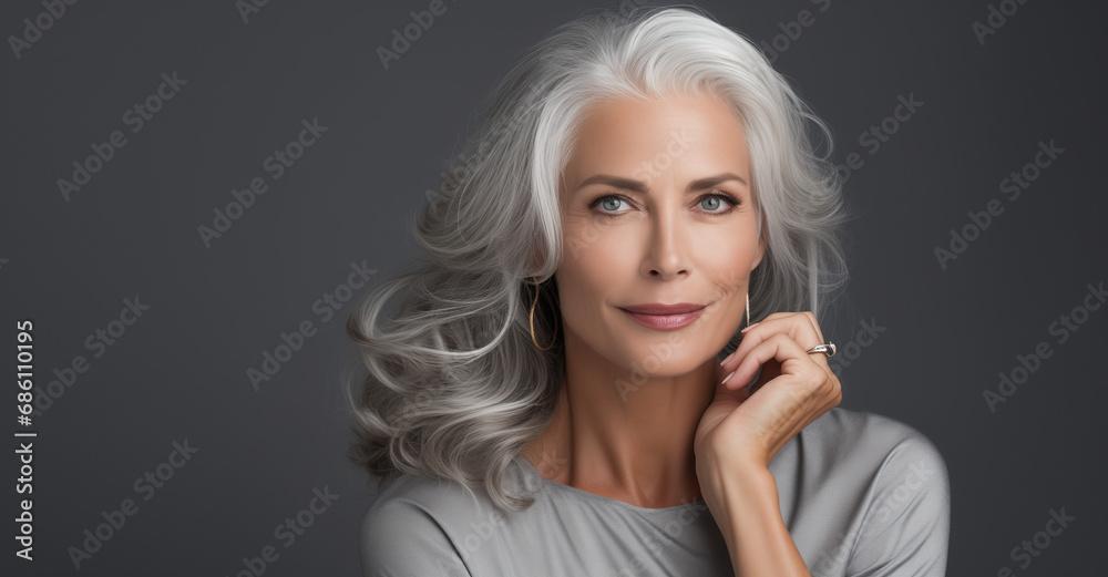 Adult woman with smooth healthy face skin. Beautiful aging mature woman with gray hair and happy smiling touch face. Beauty and cosmetics skincare advertising concept Adult woman with smooth healthy face skin. Beautiful aging mature woman with gray hair and happy smiling touch face. Beauty and cosmetics skincare advertising concept