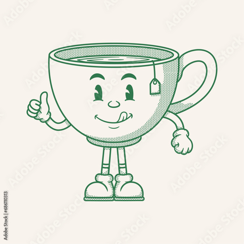 Tea cup character, retro cartoon mascot character