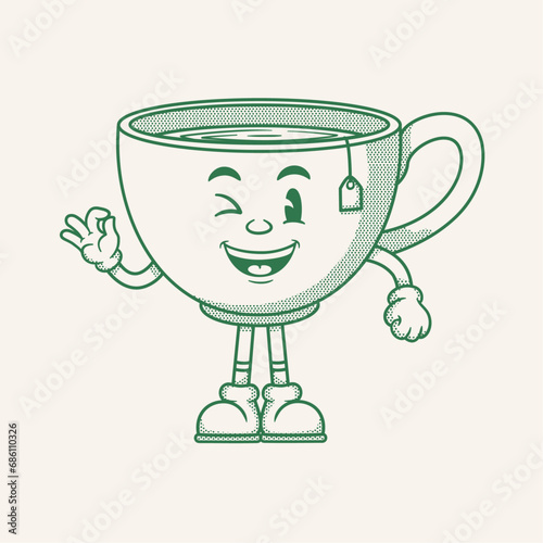 Tea cup character, retro cartoon mascot character