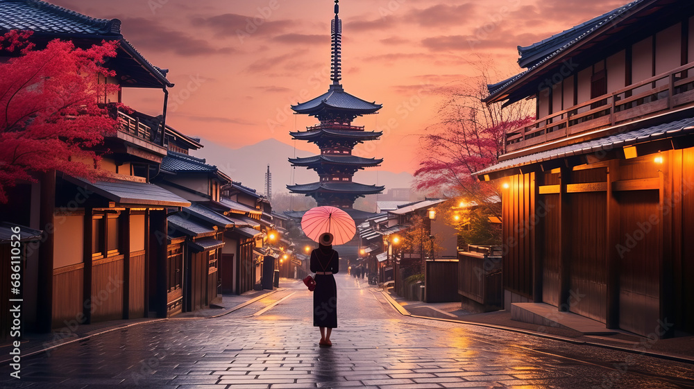 Asian woman in kimono with umbrella in Kyoto. - obrazy, fototapety, plakaty 