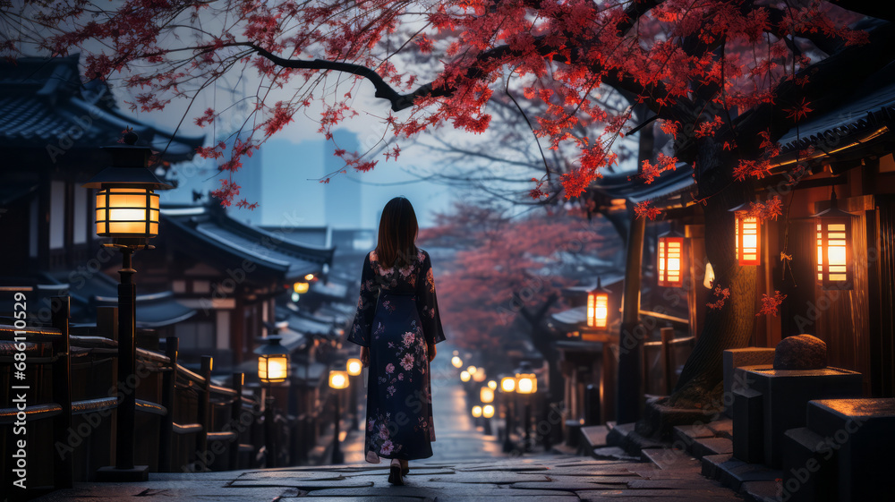 Asian woman in kimono with umbrella in Kyoto.