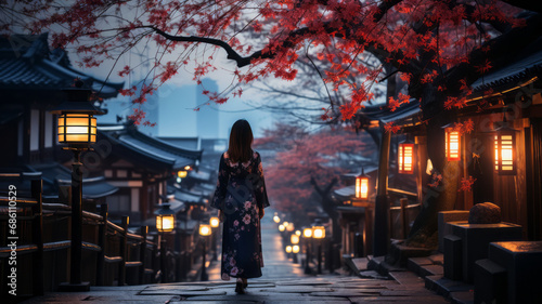 Asian woman in kimono with umbrella in Kyoto. © JKLoma