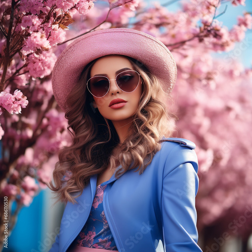 Young beautiful fashionable girl wearing stylish blue color aviator sunglasses, pink suede hat, earrings, biker jacket, ai technology