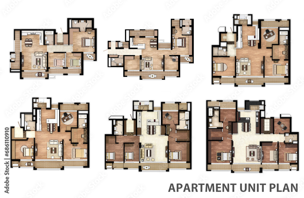 Collection of modern apartment floor plans filled with bedroom, living room, kitchen and dining furniture