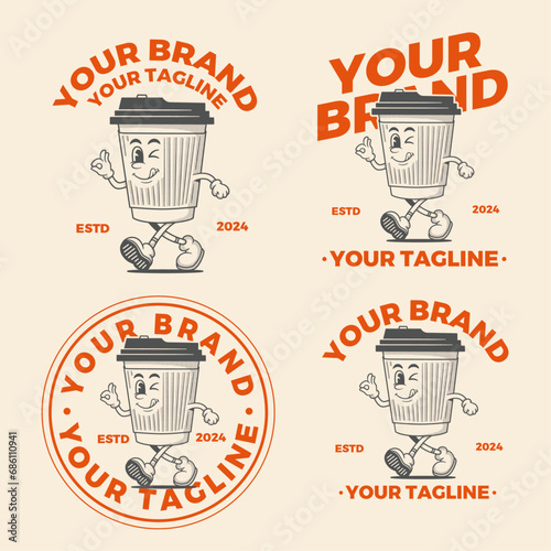 coffee cup character, retro cartoon mascot character