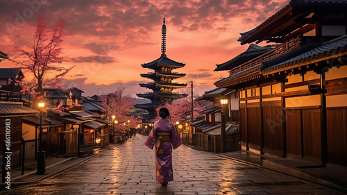 Asian woman in kimono with umbrella in Kyoto. photo
