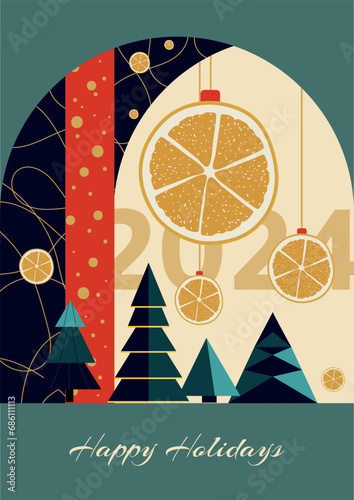 Christmas card with christmas trees, editable vector illustration, A4 size