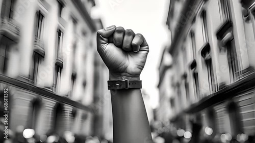 Raised fist moving Activist protesting against racism and fighting for equality - Black lives matter demonstration on street for justice and equal rights Blm international movement concept copy space. photo