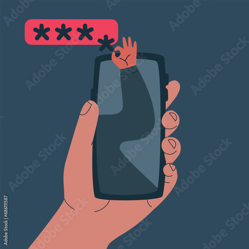 Malicious programs or applications on smartphone that steal passwords and PIN codes. Virus in mobile application that hacks personal data. Vector flat illustration.