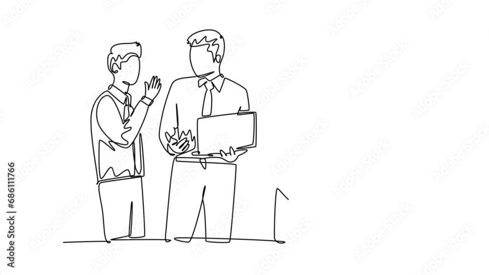 Self drawing animation of single line draw young attractive businessmen and businesswoman listening trainer explain business lesson. Business presentation. Continuous line draw. Full length animated Self drawing animation of single line draw young attractive businessmen and businesswoman listening trainer explain business lesson. Business presentation. Continuous line draw. Full length animated
