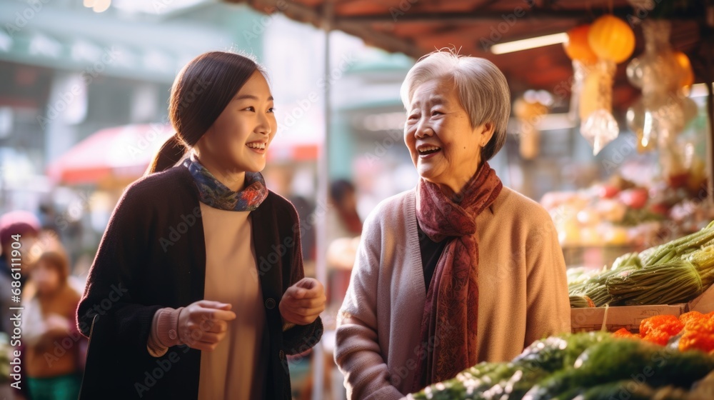 Chinese elderly retired mother and daughter happy walking together in China downtown market shopping food ingredients to prepare for Chinese New Year party dinner celebration with big family at home