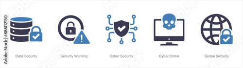 A set of 5 Cyber Security icons as data security, security warning, cyber security
