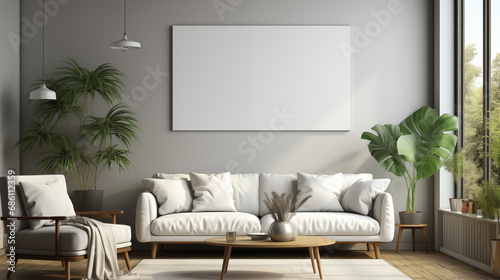 modern living room with sofa with advertising board