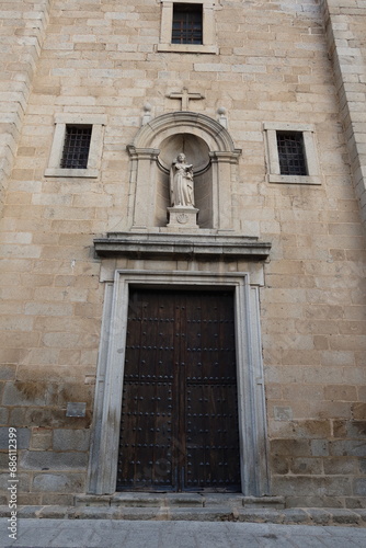Cebreros, Avila, Spain, November 28, 2023: Main door of the Santiago Apostol Church, 16th century, in the town of Cebreros, Avila, Spain