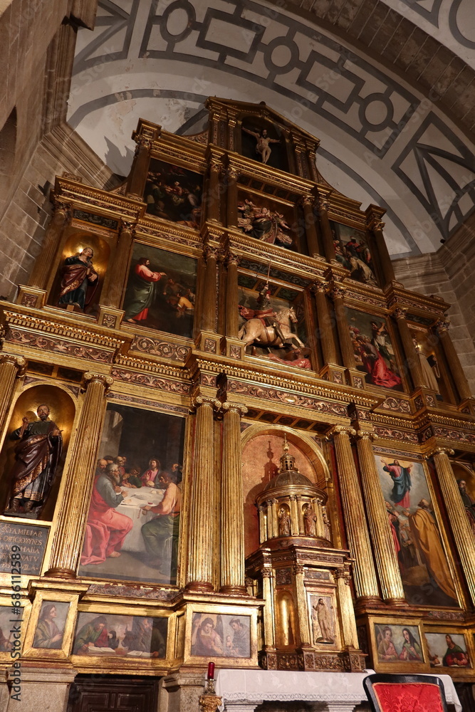 Cebreros, Avila, Spain, November 28, 2023: Detail of the altarpiece of the Santiago Apostol Church, 16th century, in the town of Cebreros, Avila, Spain