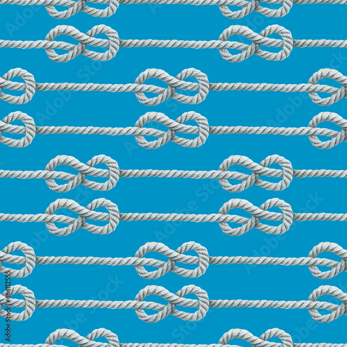 Seamless pattern of white watercolor knotted ropes realistic cords eight knots. Nautical thread whipcord with loops and noose on cerulean background. Hand drawn illustration. Hand drawn illustration. © Nataliia