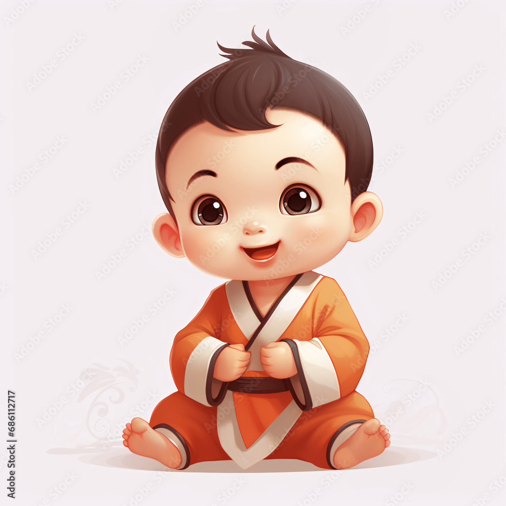 Festive and cute New Year's Eve Fuwa, baby sitting on the ground wearing red clothes concept illustration Festive and cute New Year's Eve Fuwa, baby sitting on the ground wearing red clothes concept illustration