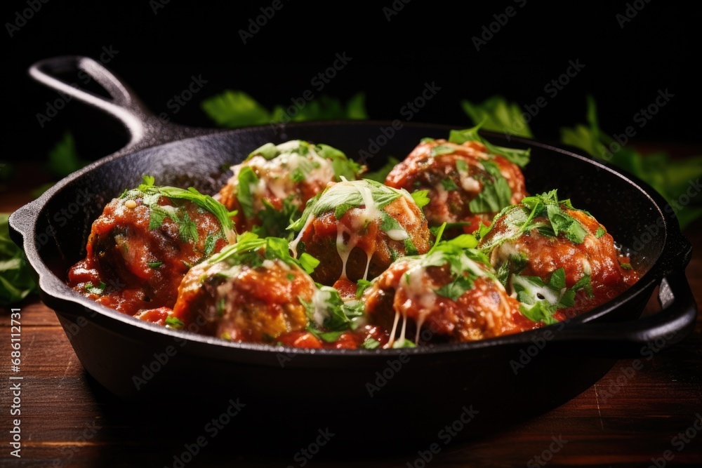 Italian Meatballs with Tomato Sauce: Delicious Dinner Cooked in Cast Iron Skillet with Parsley and Cheese