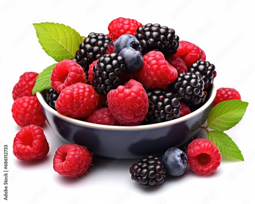 Wild Berries Mix - Red and Sweet Raspberry, Blueberry and Blackberry with Full Depth of Field, Isolated on White Background with Clipping Path Wild Berries Mix - Red and Sweet Raspberry, Blueberry and Blackberry with Full Depth of Field, Isolated on White Background with Clipping Path
