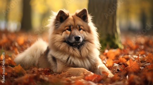 Eurasier Dog in Autumn: A Beautiful Pet with Thick Fur Resembling a Wolf © AIGen